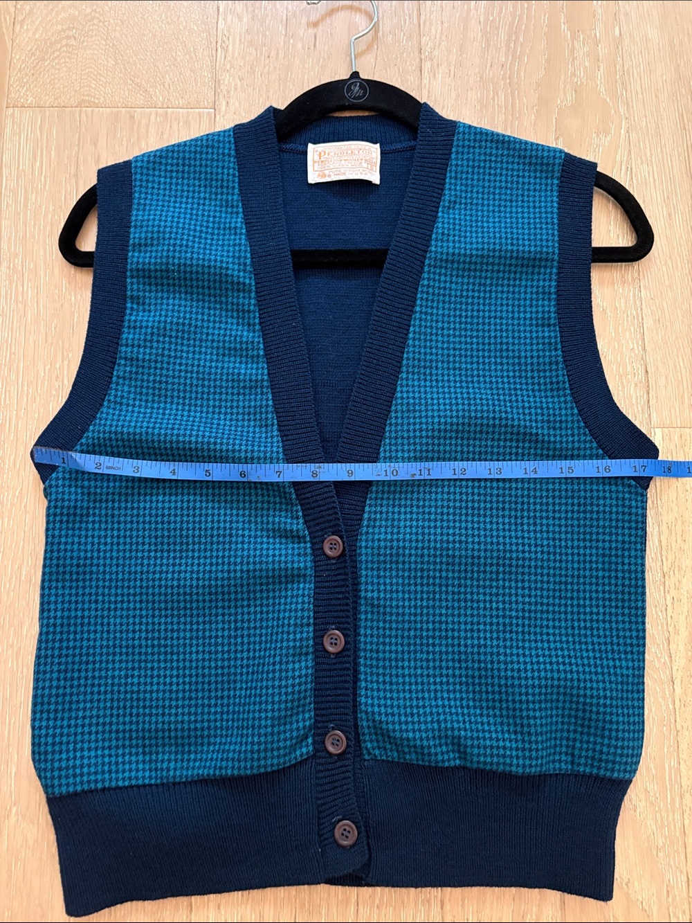 Pendleton Vintage Navy Navy/Turquoise  Blue Houndstooth Check Sweater Vest Sz S - Picture 4 of 8